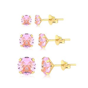 BRINCO TRIO ZIRCÔNIA ROSA CRAVAÇÃO INGLESA FOLHEADO A OURO