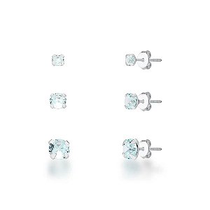 BRINCO TRIO ZIRCÔNIA AZUL CLARO CRAVAÇÃO INGLESA FOLHEADO A PRATA