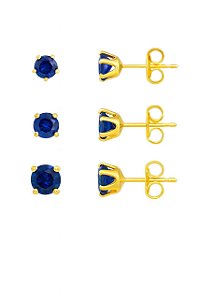 BRINCO TRIO ZIRCÔNIA AZUL BIC CAIXA ALTA FOLHEADO A OURO