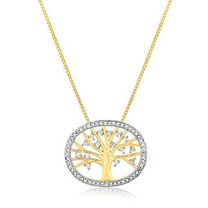 GARGANTILHA COM PINGENTE ARVORE DA VIDA COM PEDRAS DE ZIRCÔNIAS FOLHEADO A OURO