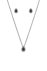CONJUNTO GOTINHA ZIRCÔNIA VERDE ESMERALDA FOLHEADO A RÔDIO NEGRO