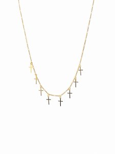 GARGANTILHA CHOKER COM PINGENTES CRUZ FOLHEADO A OURO