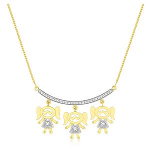 GARGANTILHA CANGA COM TRÊS MENINAS COM PEDRAS DE ZIRCÔNIAS FOLHEADO A OURO