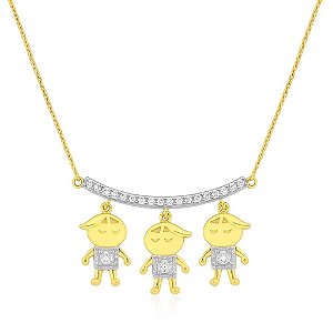 GARGANTILHA CANGA COM TRÊS MENINOS COM PEDRAS DE ZIRCÔNIAS FOLHEADO A OURO