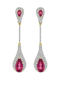 BRINCO GOTINHA LONGA ROSA PINK CRAVEJADO DE ZIRCÔNIAS CRISTAL FOLHEADO A OURO