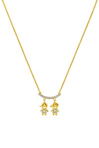 GARGANTILHA CANGA COM DOIS MENINOS COM PEDRA DE ZIRCÔNIAS FOLHEADO A OURO