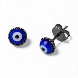 BRINCO OLHO GREGO AZUL ESMALTADO FOLHEADO A RÔDIO NEGRO