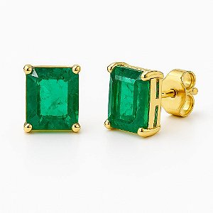 BRINCO RETANGULAR PEDRA FUSION ESMERALDA FOLHEADO A OURO