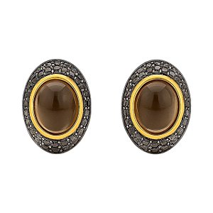 BRINCO OVAL OLHO DE TIGRE PEDRA NATURAL TRABALHADO FOLHEADO A OURO