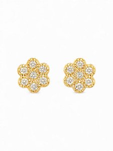 BRINCO FLOR CRAVEJADO COM ZIRCÔNIAS CRISTAL FOLHEADO A OURO