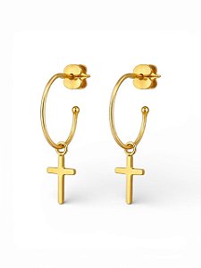 BRINCO ARGOLA FINA COM CRUZ LISA FECHO DE TARRAXA FOLHEADO A OURO