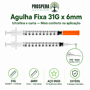 Seringa Insulina 1ml 6mm 31G Agulha Fixa