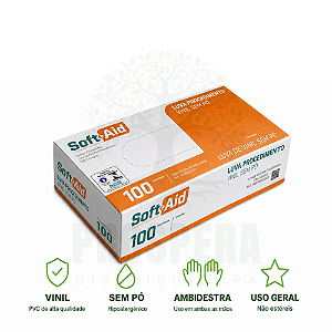 Luva de Procedimento Vinil Sem Pó Soft+Aid - caixa com 100