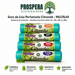 Saco de Lixo Citronela Multilar Rolo perfumado 15L, 30L, 50L ou 100L