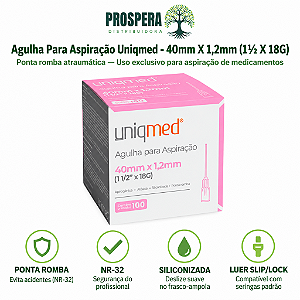 Agulha Aspiração Ponta Romba 40X1,20mm (18GX1 1/2) Uniqmed - caixa com 100