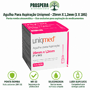 Agulha Para Aspiração P. Romba - 25mmX1,2mm (1 x 18G) Uniqmed - caixa com 100