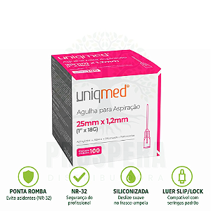 Agulha Para Aspiração P. Romba - 25mmX1,2mm (1 x 18G) Uniqmed - caixa com 100