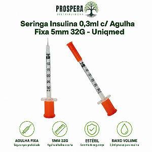 Seringa Insulina 0,3ml 5mm 32G Agulha Fixa - Caixa com 100 unidades
