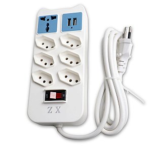 Filtro de Linha 7 Tomadas e 2 Portas USB com Cabo 2 Metros e Proteção Contra Sobrecarga