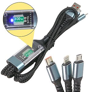 Cabo de Carregamento Rápido 3 em 1 Lightning Tipo-C Micro USB 100W Nylon Trançado com LED