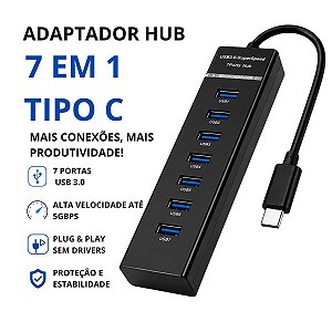 Hub Adaptador USB Tipo C 7 Portas USB 3.0 5Gbps Para Notebook e PC