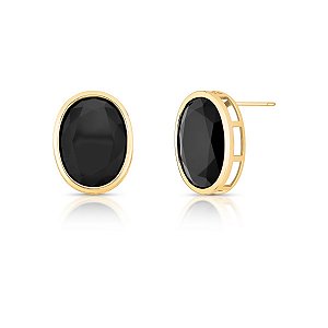 Brinco Oval Cristal Negro - Banho Ouro 18k