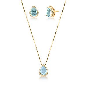 Conjunto Água Marinha - Banho Ouro 18k