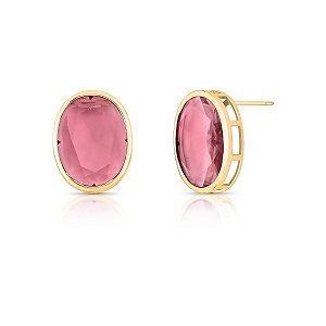 Brinco Oval Cristal Rose - Banho Ouro 18k