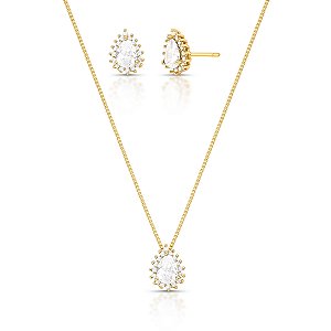 Conjunto Gota Cristal Transparante - Banho Ouro 18k