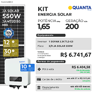 Potência: 1.65 kWp - Inversor: 1 SOFAR 3.3KTL2-G3 - Módulo: 3/9 JA SOLAR 550W