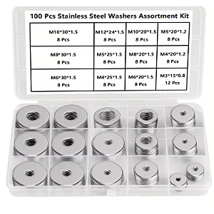 KIT 100 ARRUELAS PLANAS EM AÇO INOX GROSSAS LARGAS M3 A M12