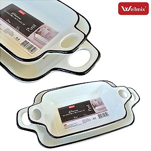 Kit 2 Travessas Assadeira Forma Cerâmica Branca Retangular Borda Preta