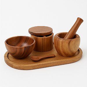 Kit Utensílios Madeira Acácia Saleiro, Bowl, Pilão, Bandeja