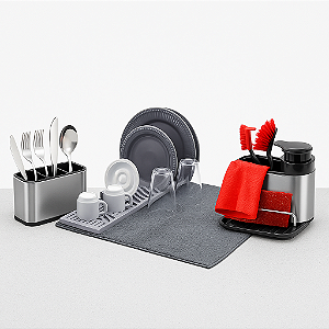 Kit Organizador Pia 3 Peças Inox + Tapete Escorredor