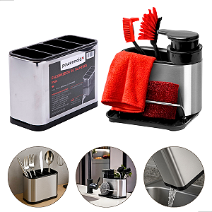 Kit Escorredor De Talheres Porta Detergente Organizador Inox