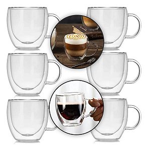 Kit 6 Xicara Café Vidro Parede Dupla 150ml Chá Borossilicato