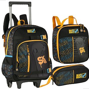 Kit Mochila De Rodinhas Skate Board Lancheira Térmica Estojo Escolar Infantil Menino Clio