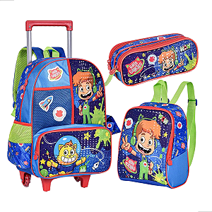 Kit Mochila Rodinhas Lancheira Estojo Infantil Gato Galactico