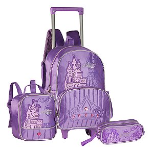Kit Mochila Escolar Princesas Lancheira Estojo Com Luzes Rodinha Original