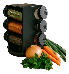 Porta Condimentos Temperos Giratório Preto 6 Potes Tampa Rosca Quadrado