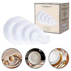 Aparelho De Jantar Branco Com Borda Dourada Hauskraft
