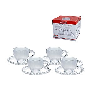 Jogo 4 Xícaras De Café Com Pires Pérola 100ml Vidro Hauskraft Premium