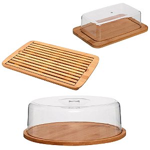 Kit Porta Manteiga + Porta Bolo Boleira + Tabua Migalheira Em Bambu
