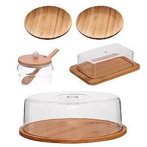 Kit Porta Manteiga + Porta Bolo + 2 Pratos De Bambu E Açucareiro