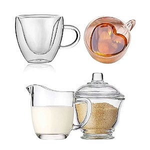Kit 2 Copo Xicara Coração + Açucareiro E Jarra De Leite