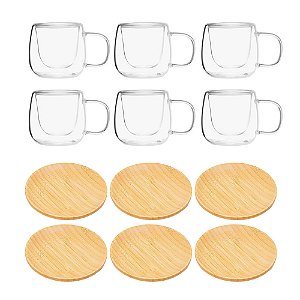 Kit 6 Xicaras Vidro + 6 Prato Bambu Ecológico 11cm