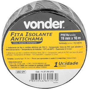 Fita Isolante Preta Vonder 19Mm X 10 Metros Anti Chamas