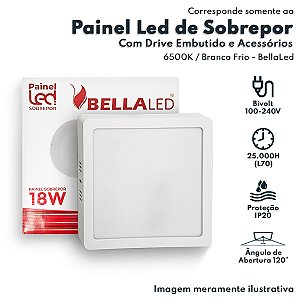 Painel de Led Quadrado Sobrepor 18w Branco Frio 6500K Bivolt Slim BellaLed 00491 BELLA-1268 Luminaria Led Para Teto e Pa