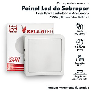 Painel de Led Quadrado Sobrepor 24w Branco Frio 6500K Bivolt Slim BellaLed 00492 BELLA-1271 Luminaria Led Para Teto e Pa