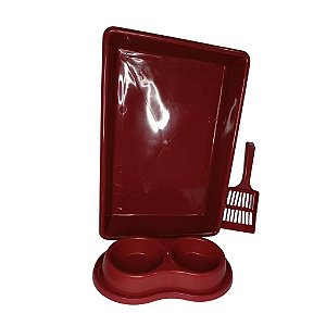 Kit Higiênico Para Gatos Caixa de Areia, Pá Higiênica e Comedouro Pop Vermelho